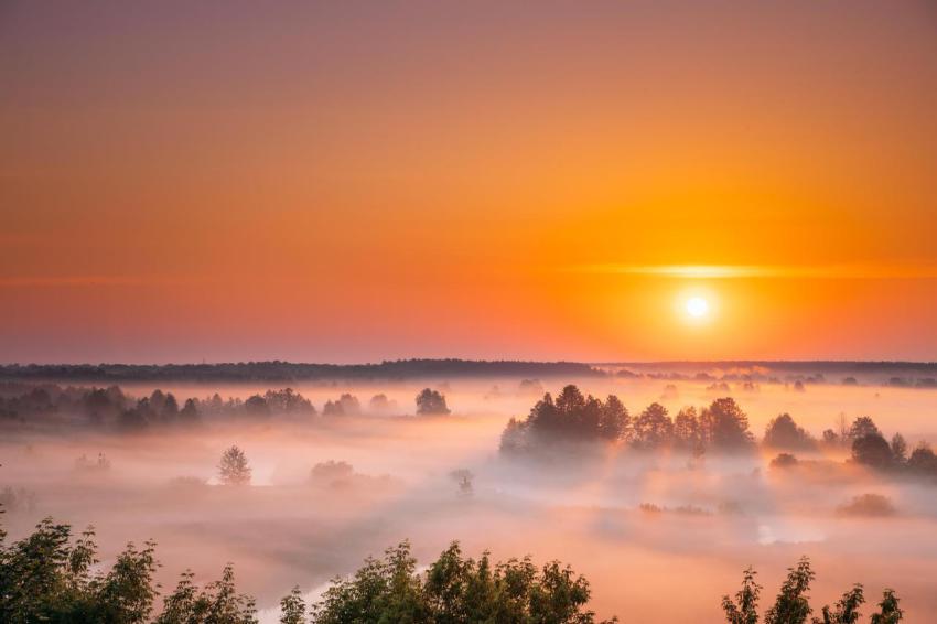 Amazing sunrise sunset over misty landscape sceni 2023 11 27 05 09 33 utc
