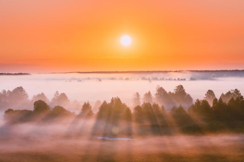 Amazing sunrise over misty landscape scenic view 2023 11 27 05 22 03 utc