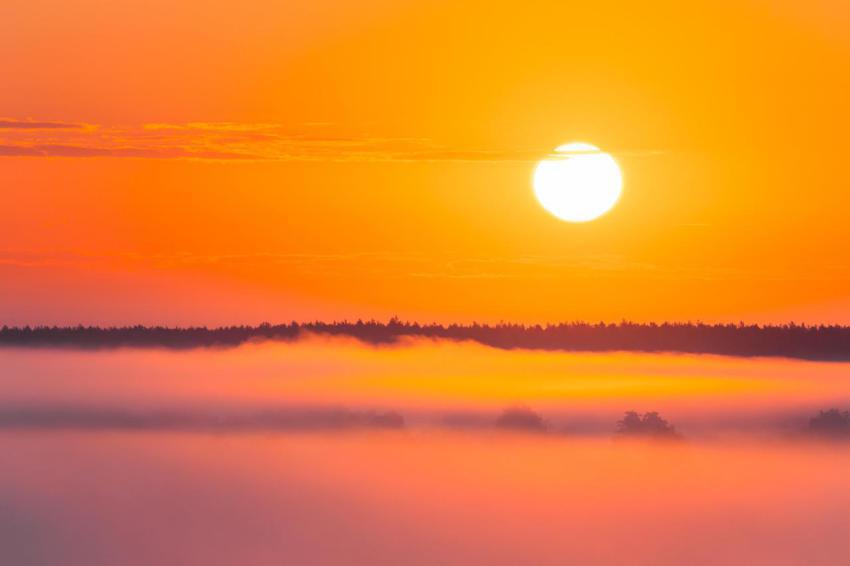 Amazing sunrise over misty landscape scenic view 2023 11 27 05 12 27 utc