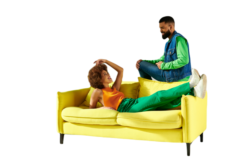 Vibrant friendship man and woman on yellow couch 2024 11 16 11 09 49 utc