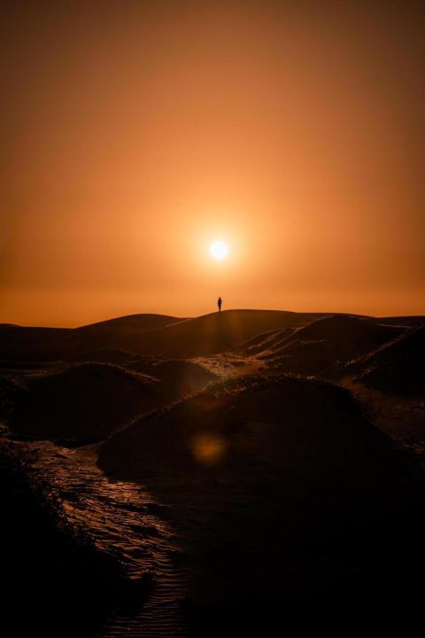 Vertical silhouette of a man stands on a sand dune 2024 11 12 03 08 13 utc